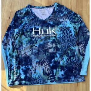 Huk‎ Kryptek Pontus Performance Fishing Long Sleeve Shirt V-neck Women's Sz XL